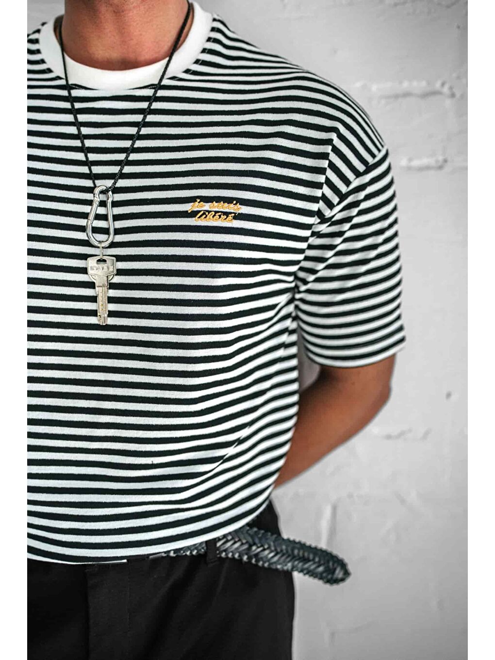 Erkek Oversize Çizgili Rahat Tişört Siyah-5
