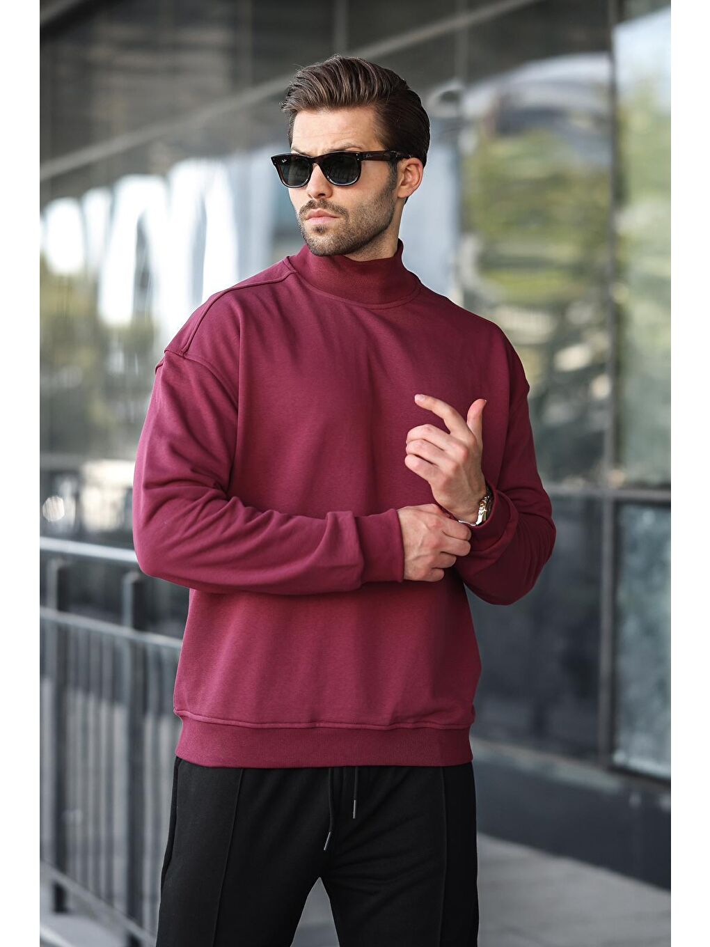 Bordo Yarım Balıkçı Yaka Erkek Basic Sweatshirt E7158-3