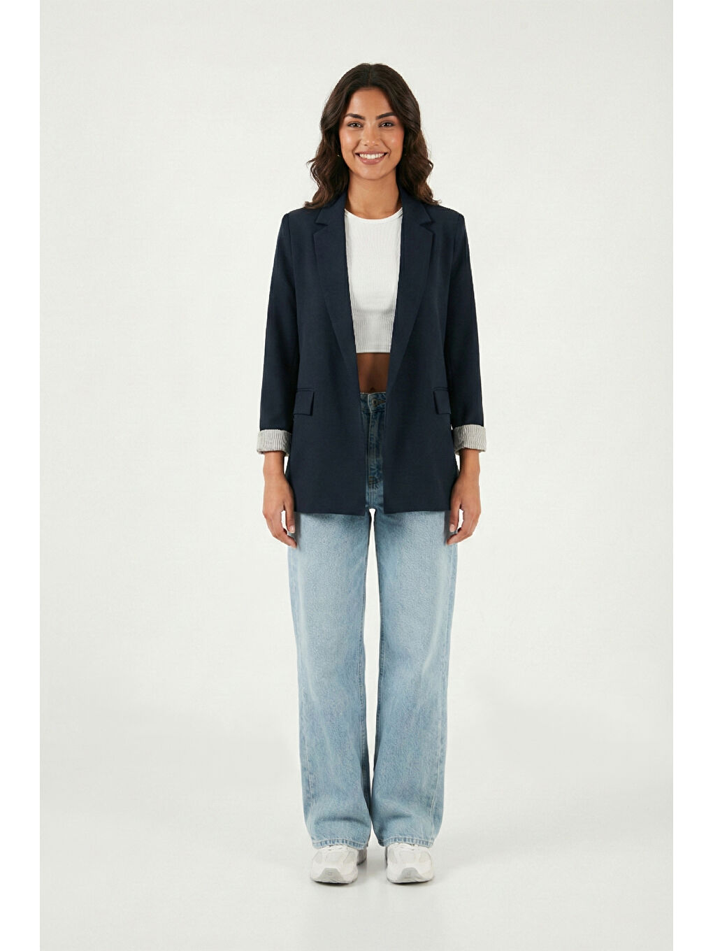 Lacivert Regular Fit Kruvaze Yaka Desenli Astarlı Kadın Ceket 6927624-2