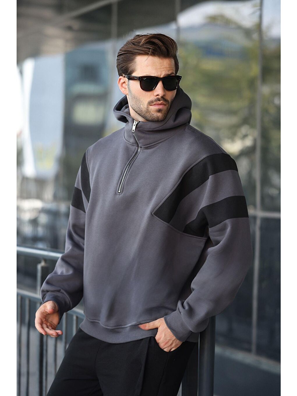 Gri Füme Fermuarlı Yaka Kapüşonlu Erkek Sweatshirt E7161