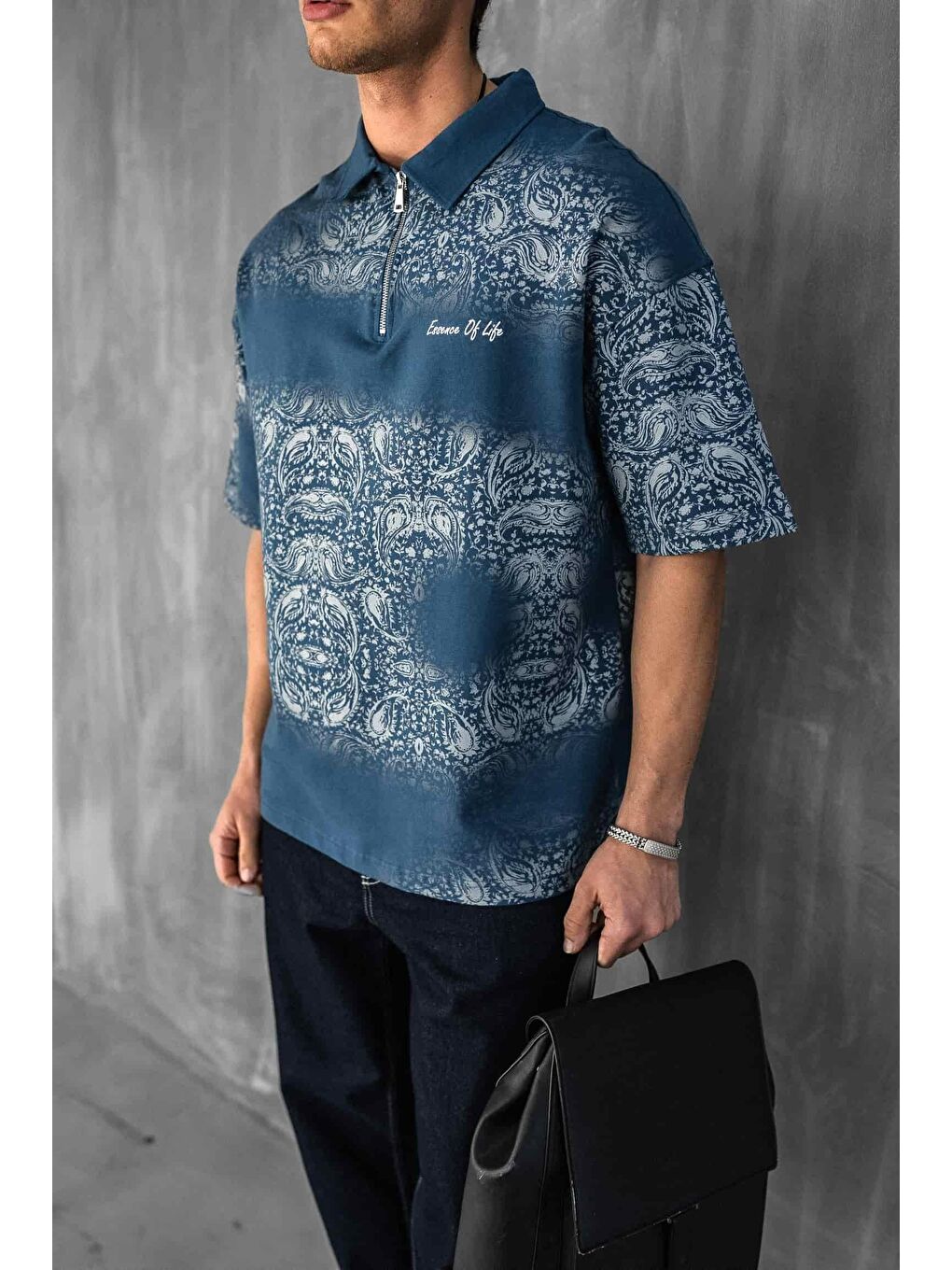 Erkek Polo Yaka Yarım Fermuarlı Baskılı Tişört Mavi-1