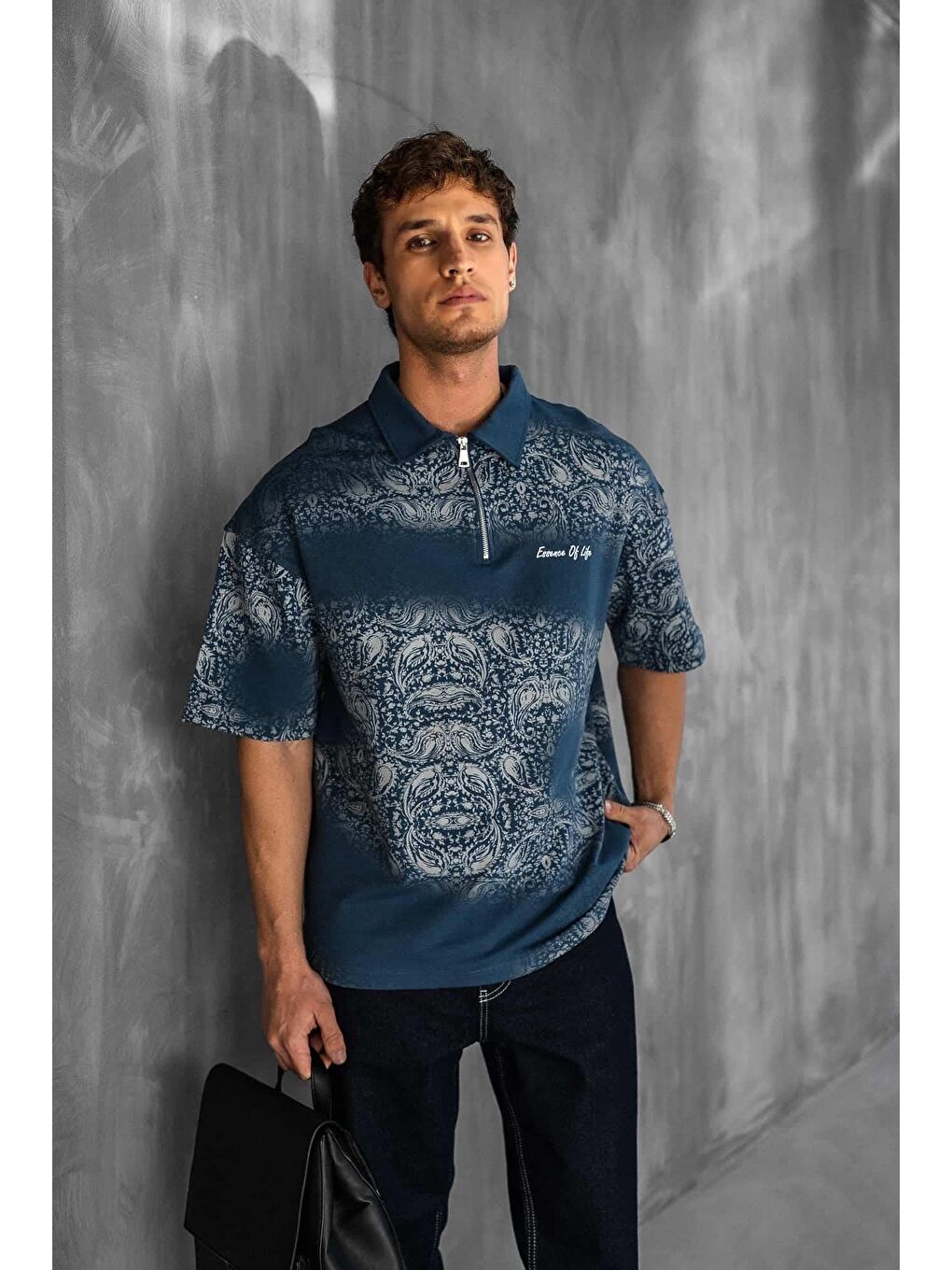 Erkek Polo Yaka Yarım Fermuarlı Baskılı Tişört Mavi-2