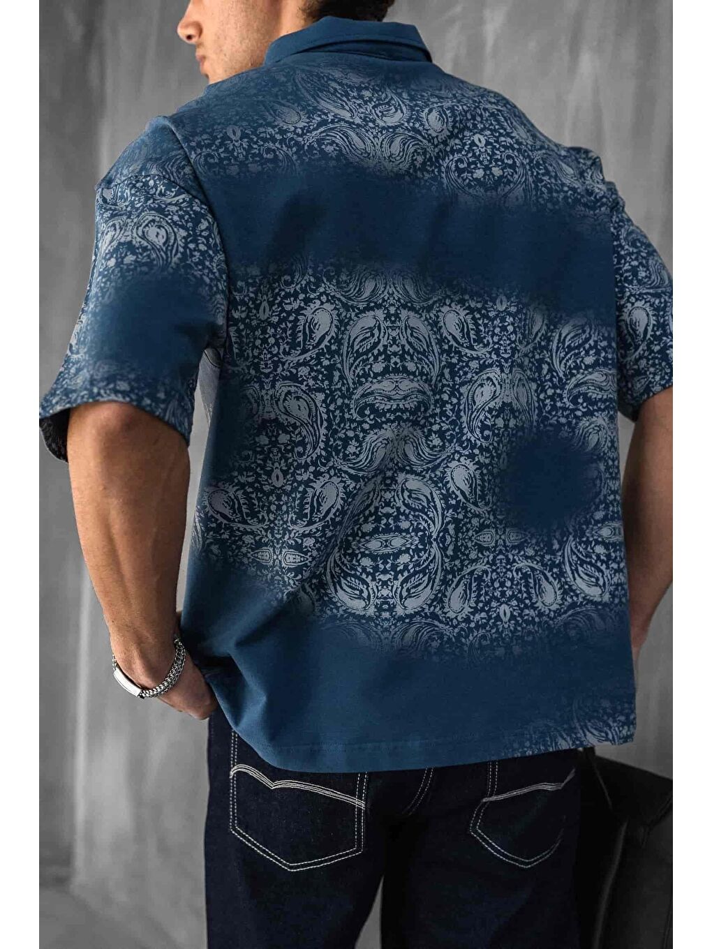 Erkek Polo Yaka Yarım Fermuarlı Baskılı Tişört Mavi-3