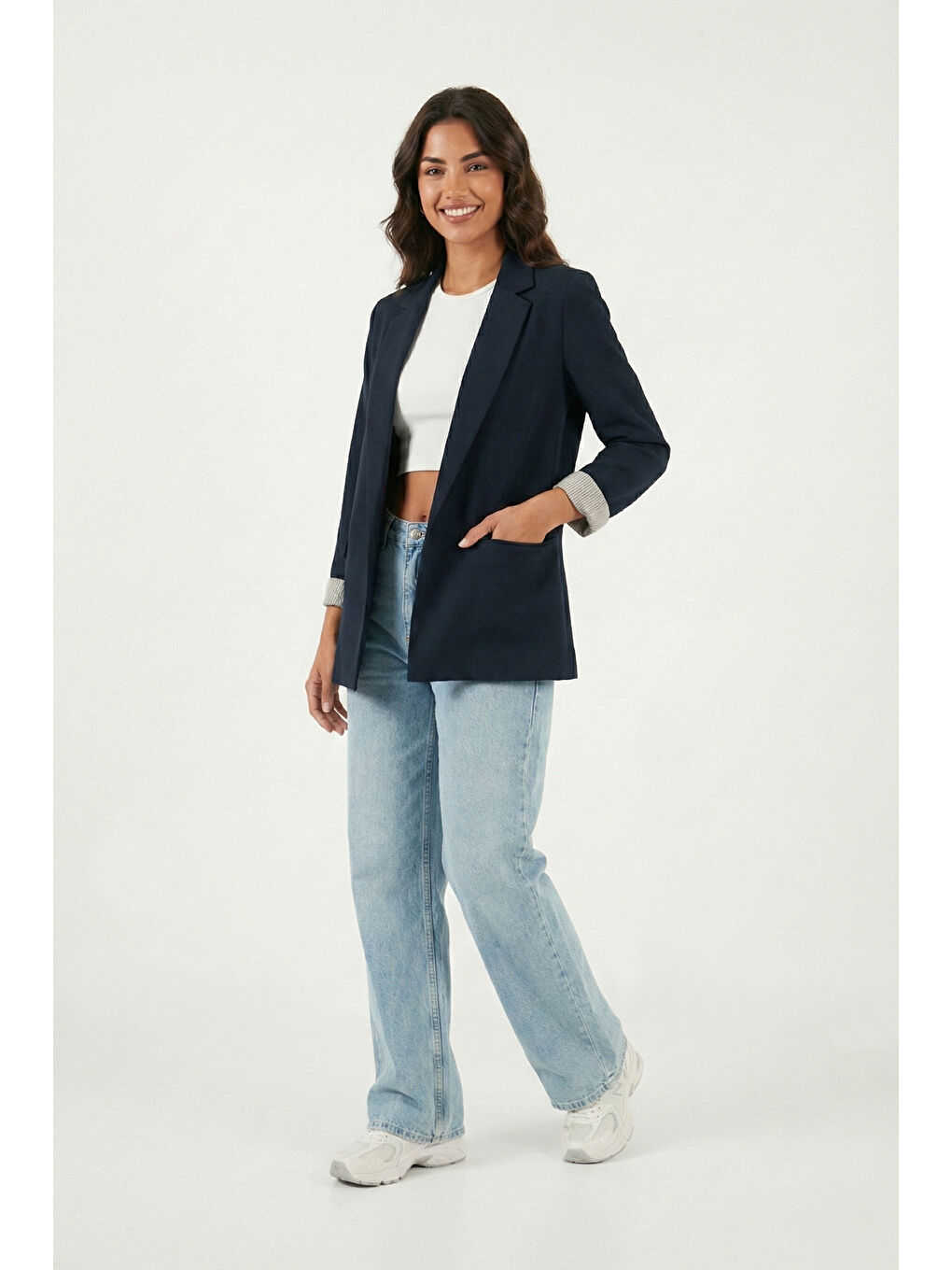 Lacivert Regular Fit Kruvaze Yaka Desenli Astarlı Kadın Ceket 6927624-3