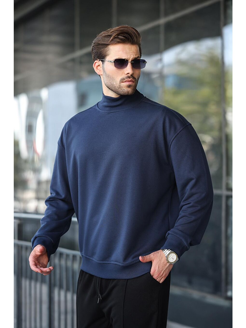Lacivert Yarım Balıkçı Yaka Erkek Basic Sweatshirt E7158