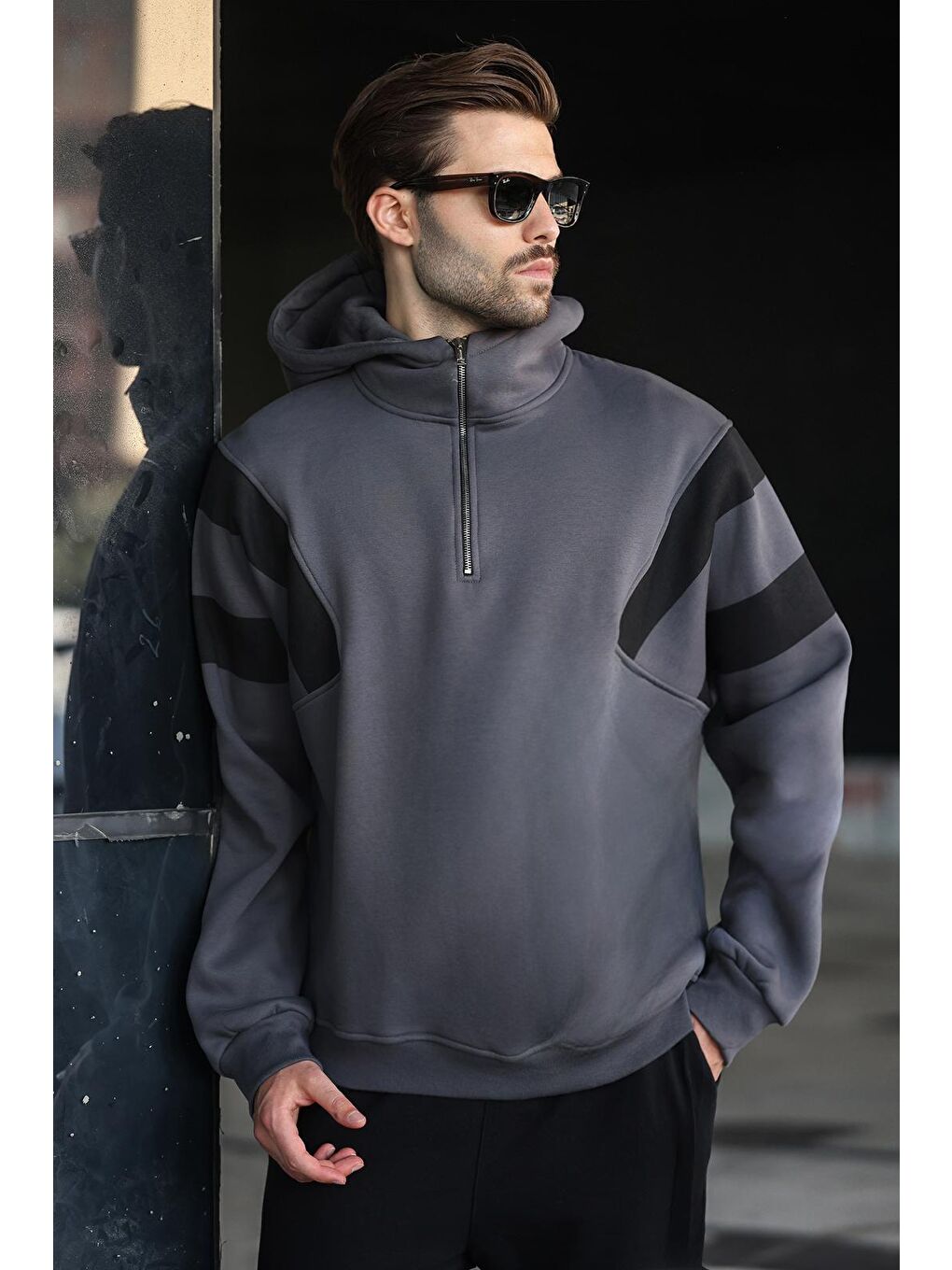 Gri Füme Fermuarlı Yaka Kapüşonlu Erkek Sweatshirt E7161-1