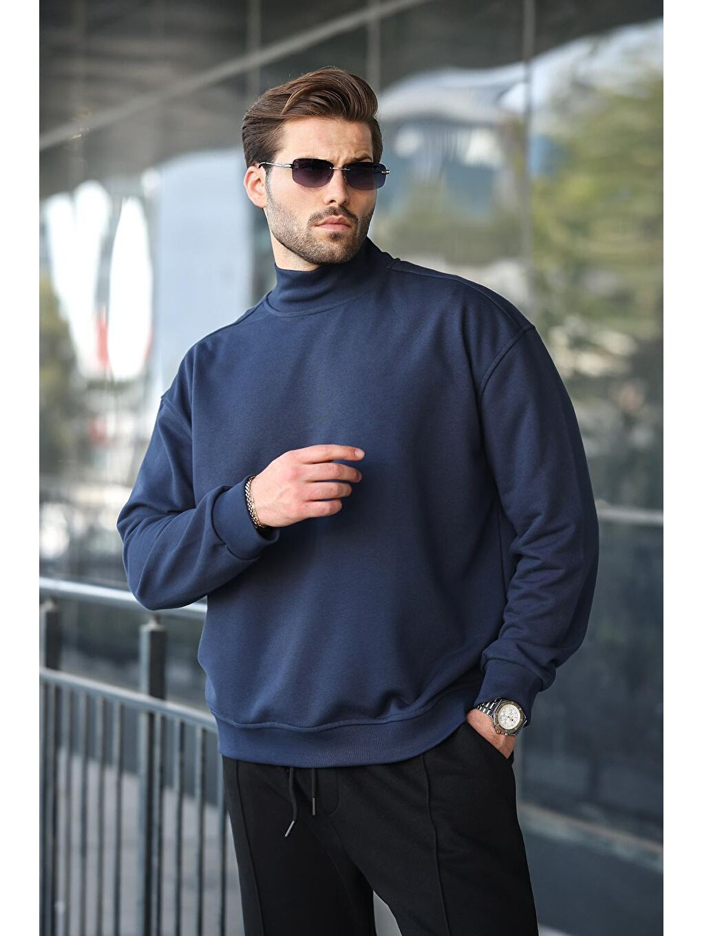 Lacivert Yarım Balıkçı Yaka Erkek Basic Sweatshirt E7158-1