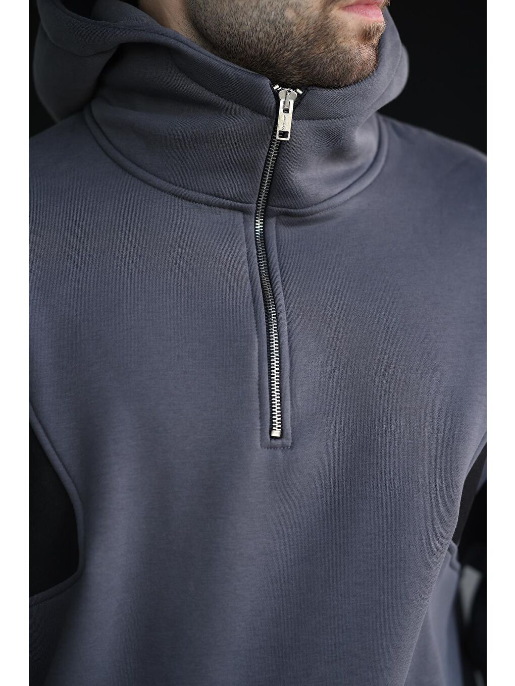 Gri Füme Fermuarlı Yaka Kapüşonlu Erkek Sweatshirt E7161-2