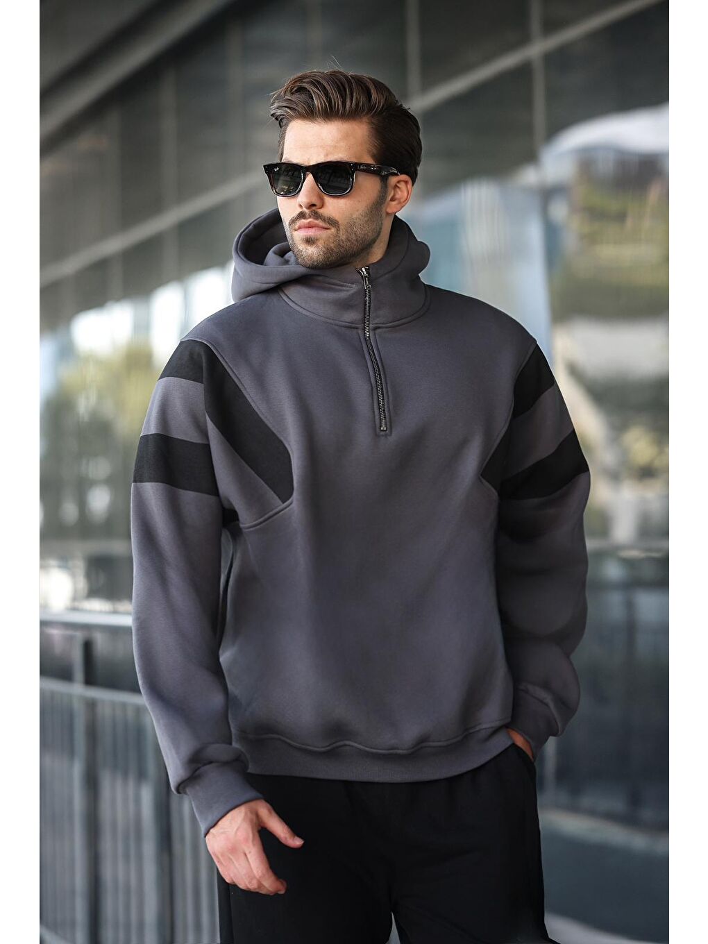 Gri Füme Fermuarlı Yaka Kapüşonlu Erkek Sweatshirt E7161-3