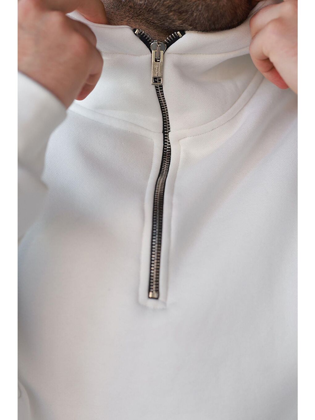 Ekru Fermuarlı Yaka Kapüşonlu Erkek Sweatshirt E7161-2