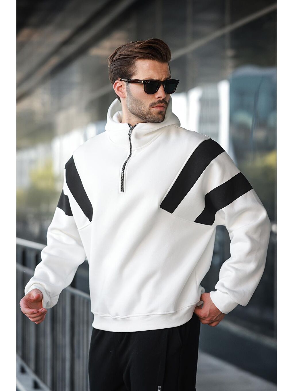 Ekru Fermuarlı Yaka Kapüşonlu Erkek Sweatshirt E7161-3