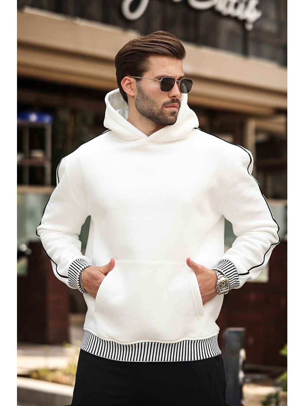 Ekru Kapüşonlu Kanguru Cep Erkek Sweatshirt