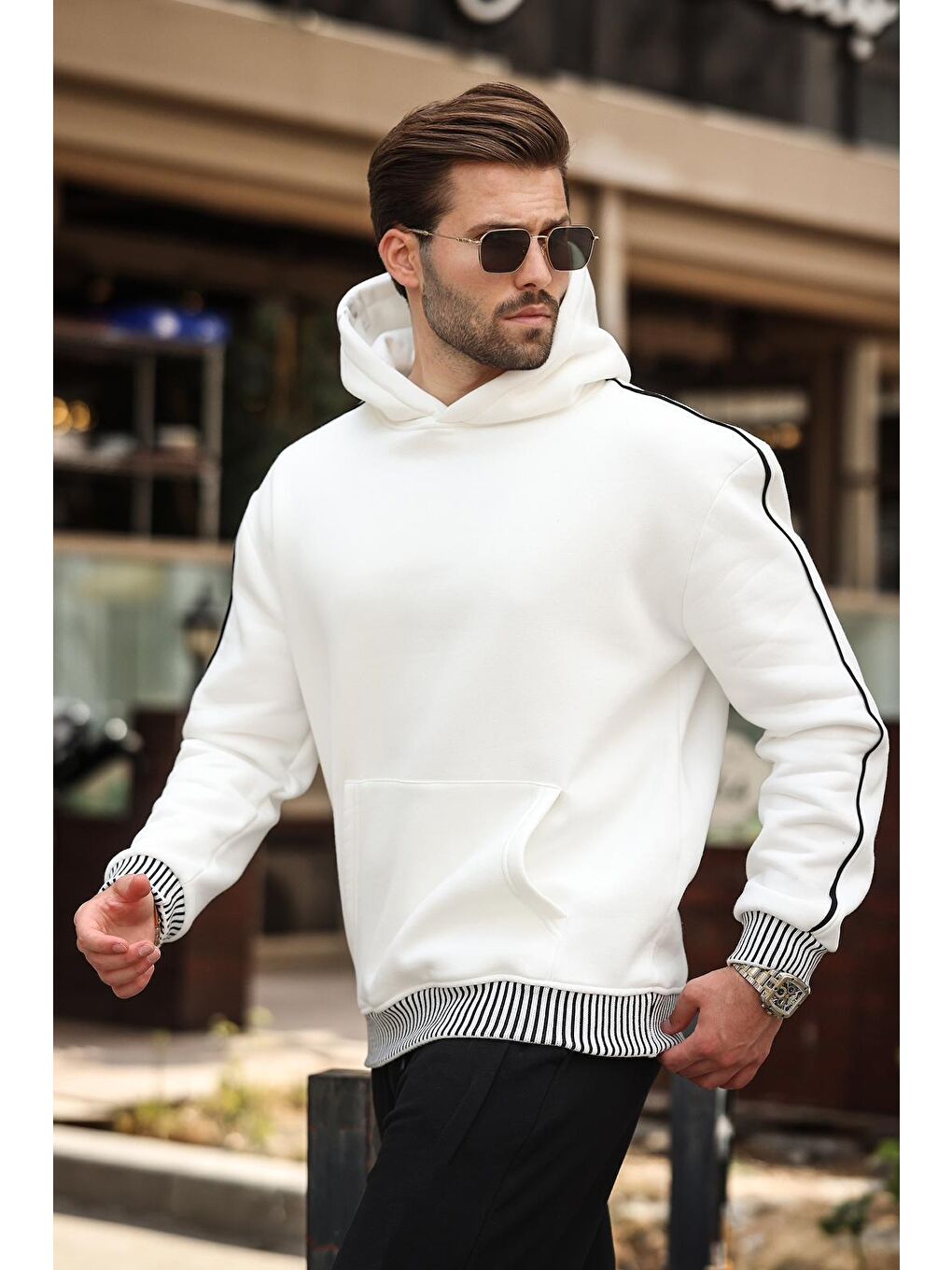 Ekru Kapüşonlu Kanguru Cep Erkek Sweatshirt-1