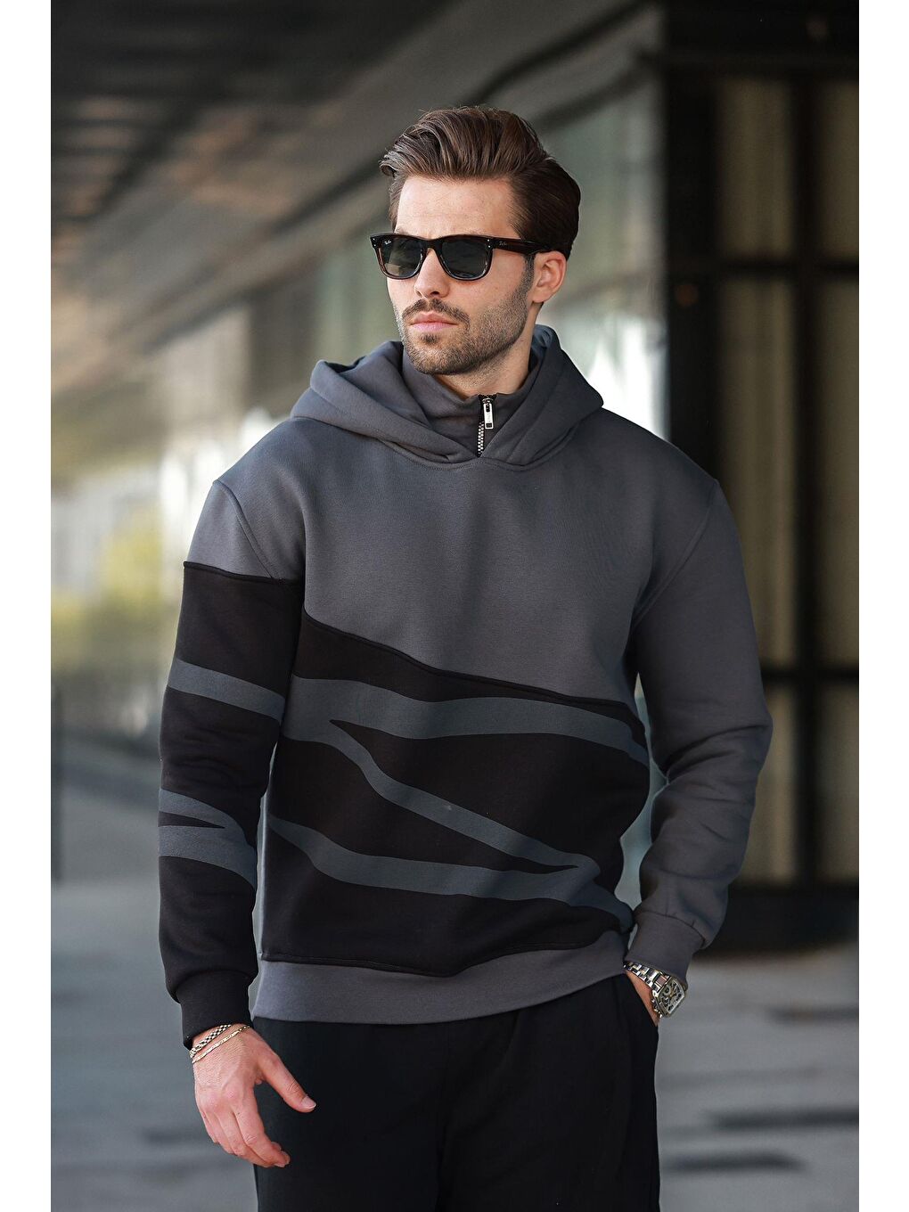 Gri Füme Kapüşonlu Fermuar Yaka Desenli Erkek Sweatshirt E7162