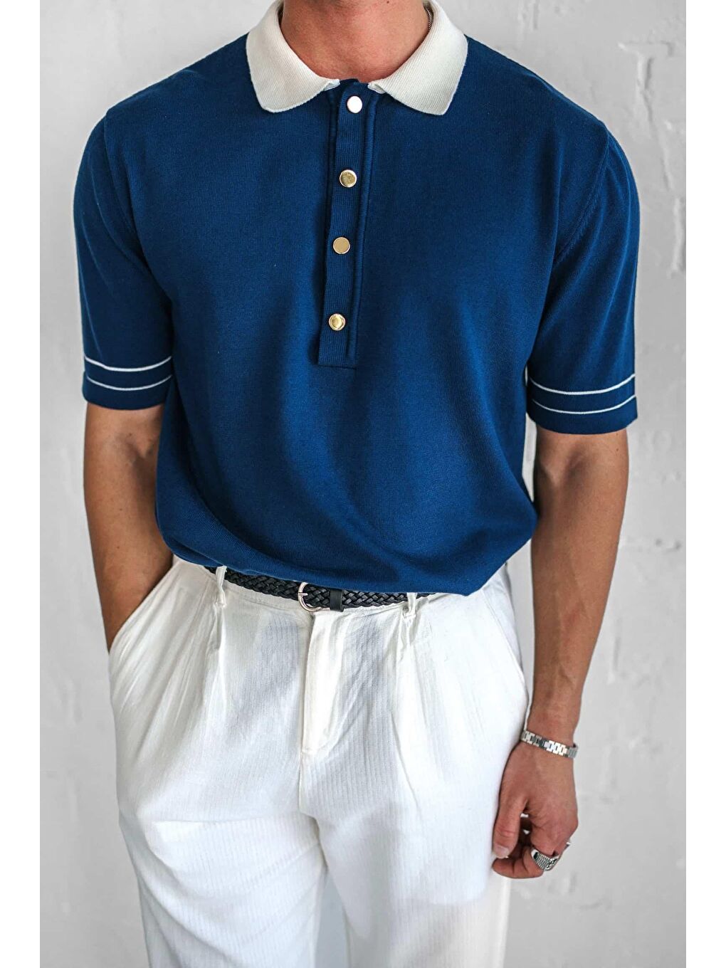 Erkek Kontrast Polo Yaka Premium Regular Fit Tişört Lacivert