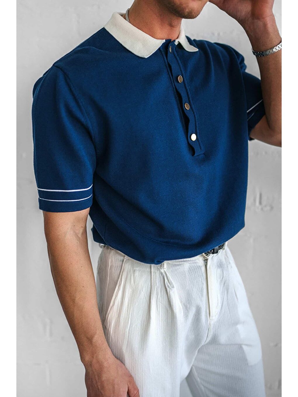 Erkek Kontrast Polo Yaka Premium Regular Fit Tişört Lacivert-1