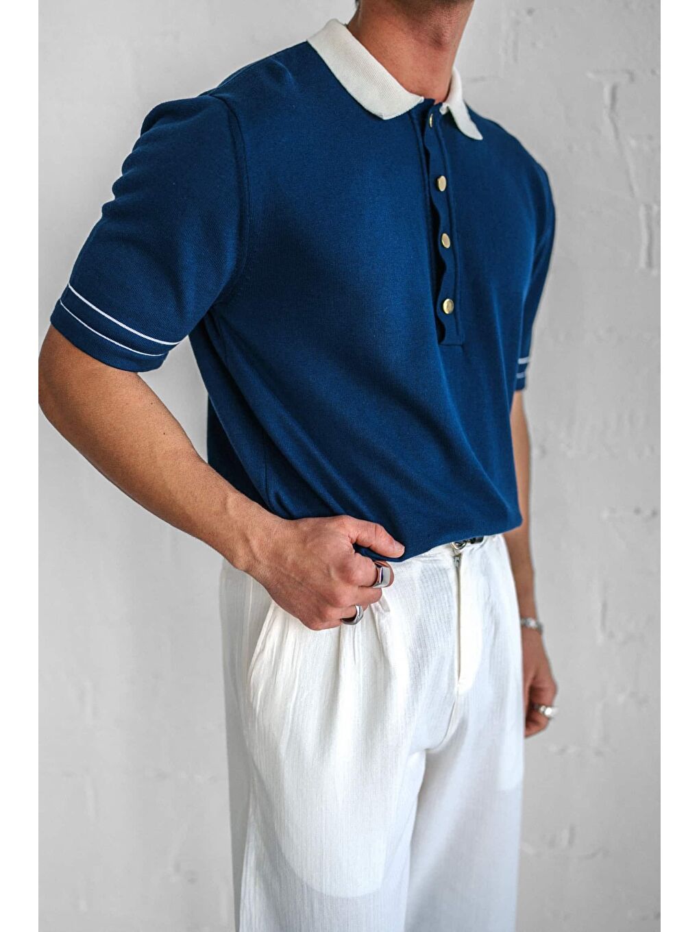 Erkek Kontrast Polo Yaka Premium Regular Fit Tişört Lacivert-2