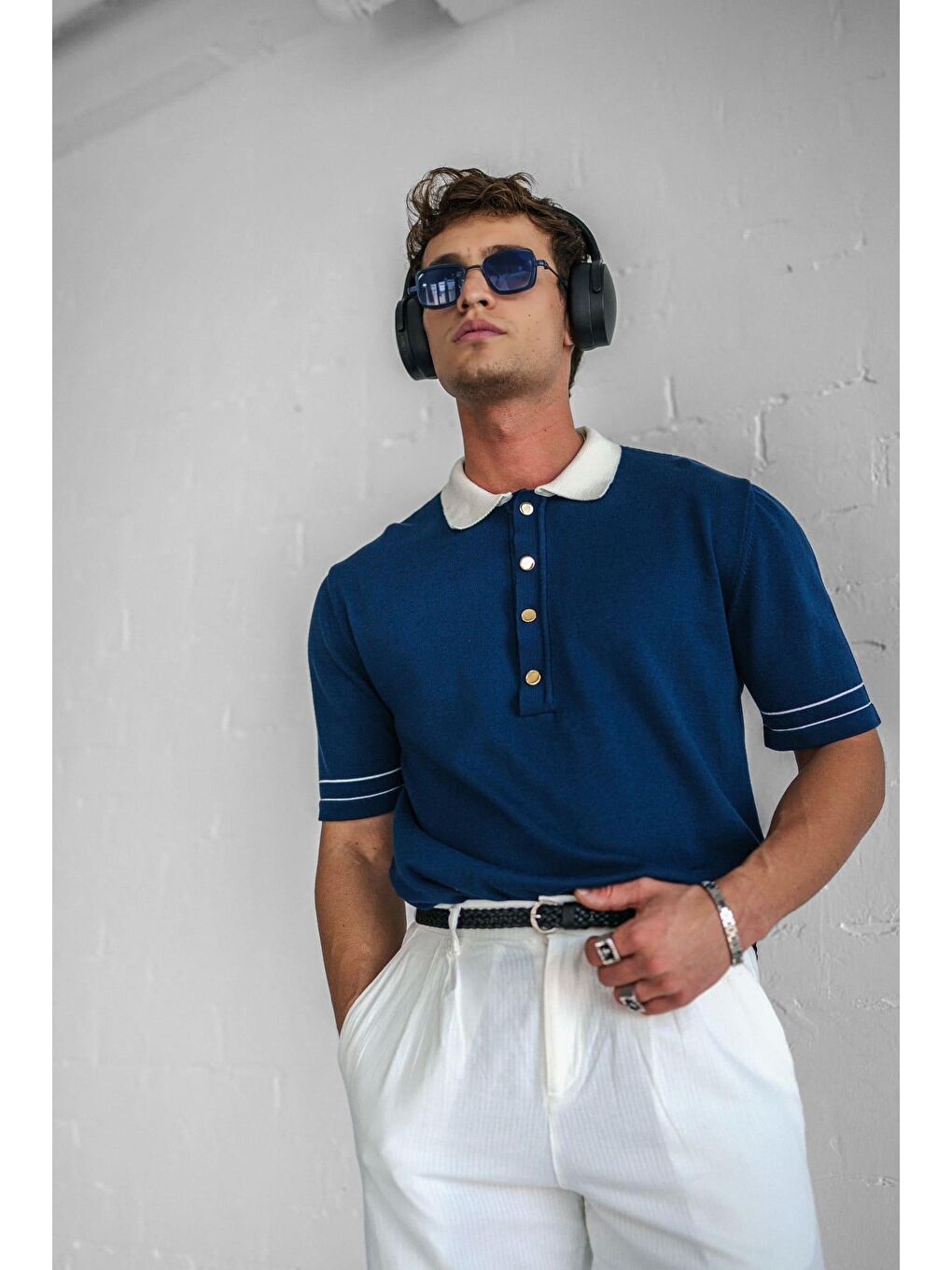 Erkek Kontrast Polo Yaka Premium Regular Fit Tişört Lacivert-3