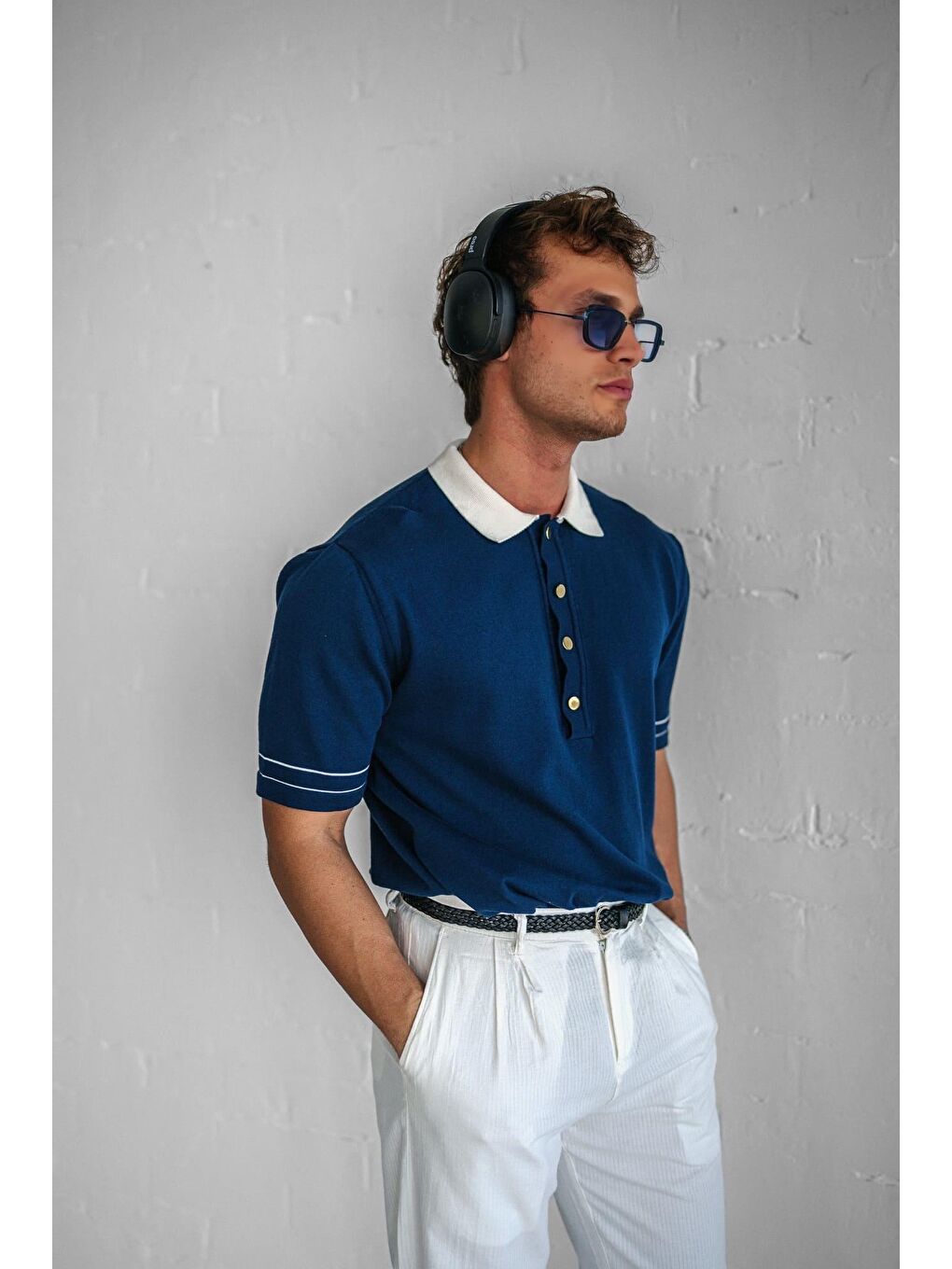 Erkek Kontrast Polo Yaka Premium Regular Fit Tişört Lacivert-4