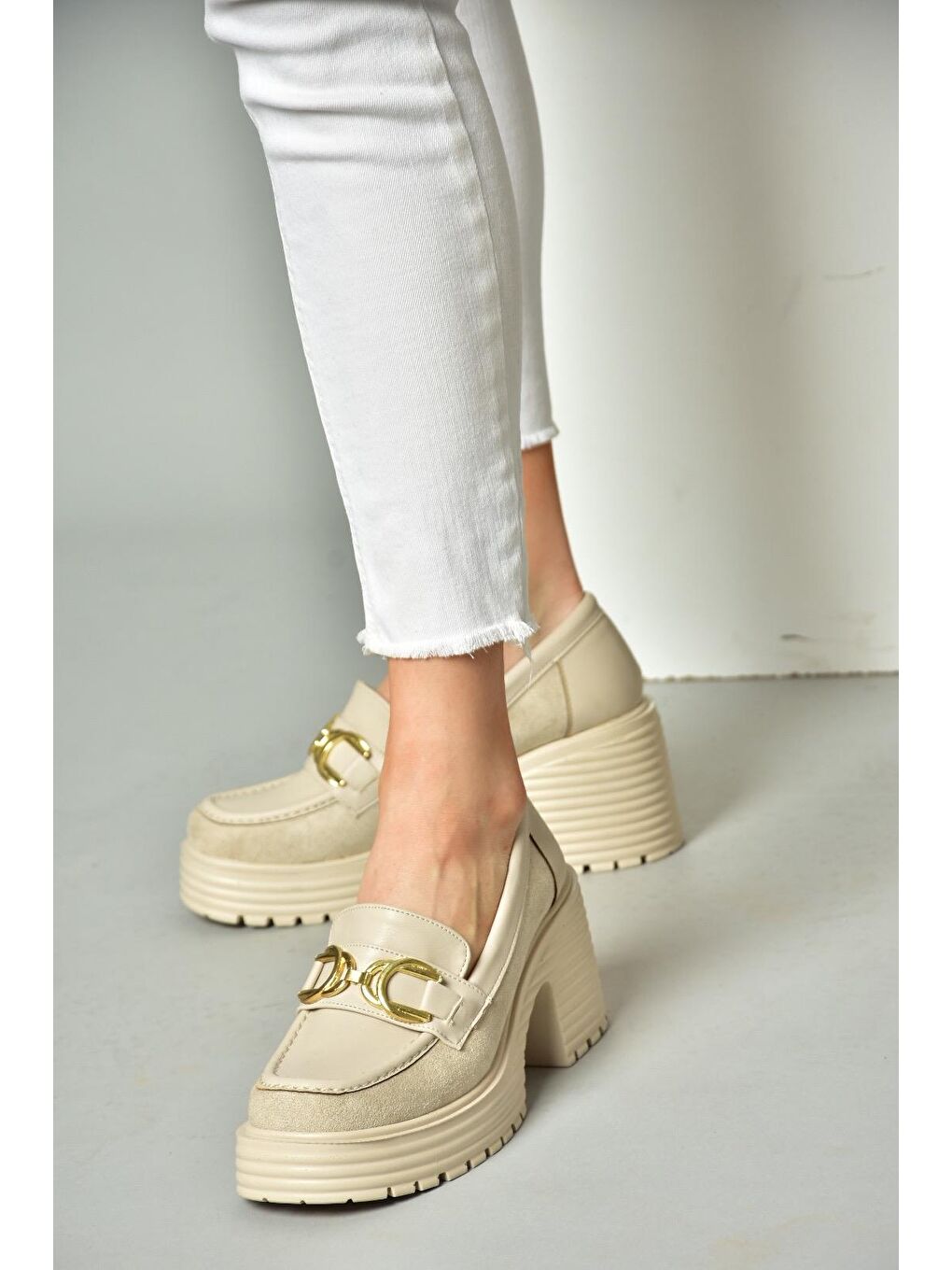 R9960500 Bej Kadın Topuklu Loafer Ayakkabı-4