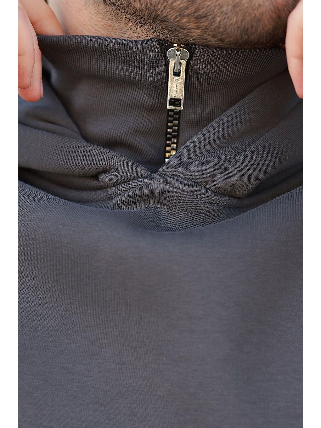 Gri Füme Kapüşonlu Fermuar Yaka Desenli Erkek Sweatshirt E7162-2