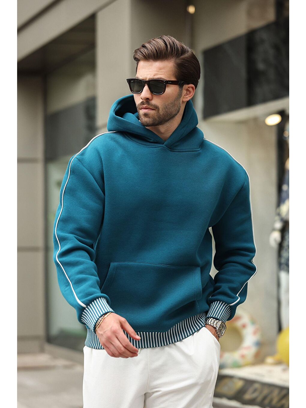 Petrol Mavisi Kapüşonlu Kanguru Cep Erkek Sweatshirt E