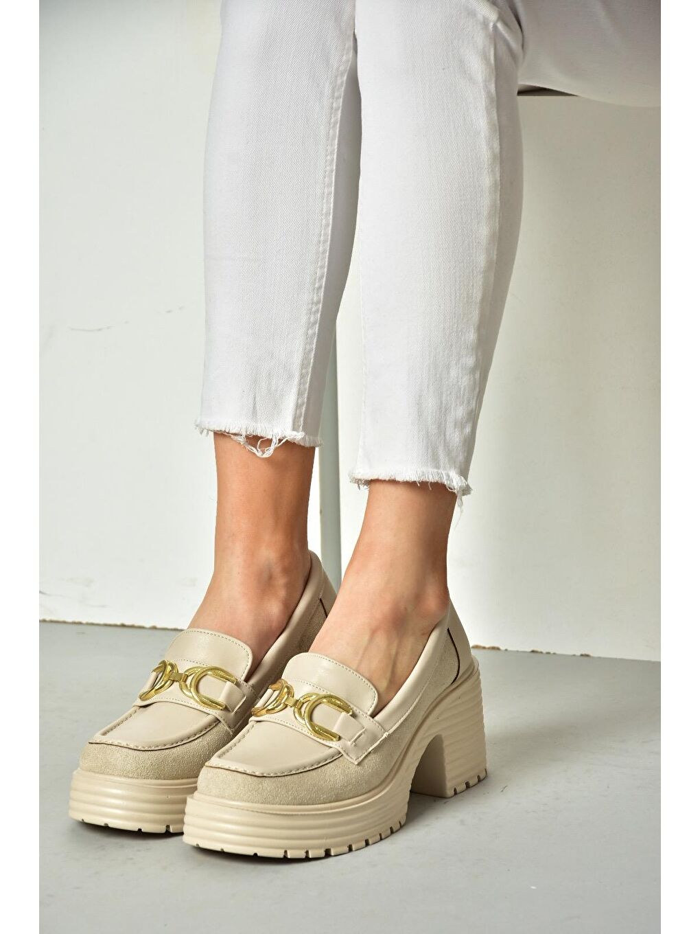 R9960500 Bej Kadın Topuklu Loafer Ayakkabı-5