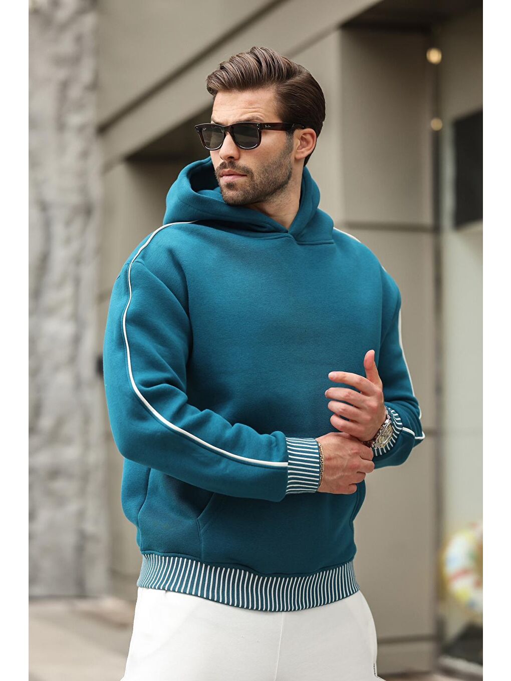 Petrol Mavisi Kapüşonlu Kanguru Cep Erkek Sweatshirt E-1