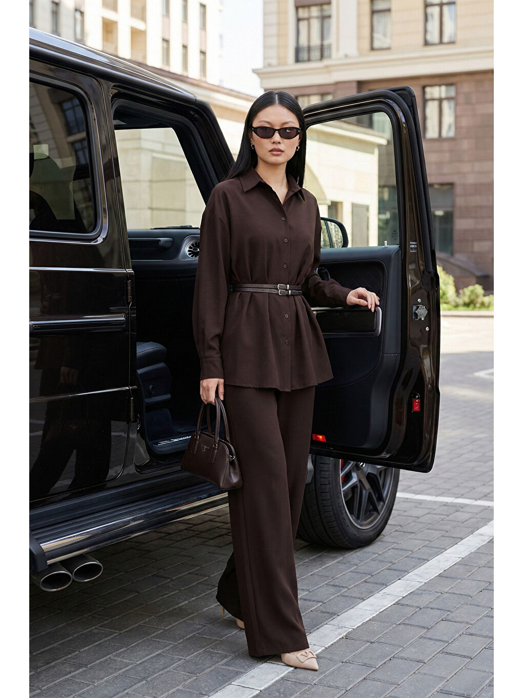 Kahverengi Regular Fit Kemer Detaylı Yüksek Bel Kadın Takım 6928887