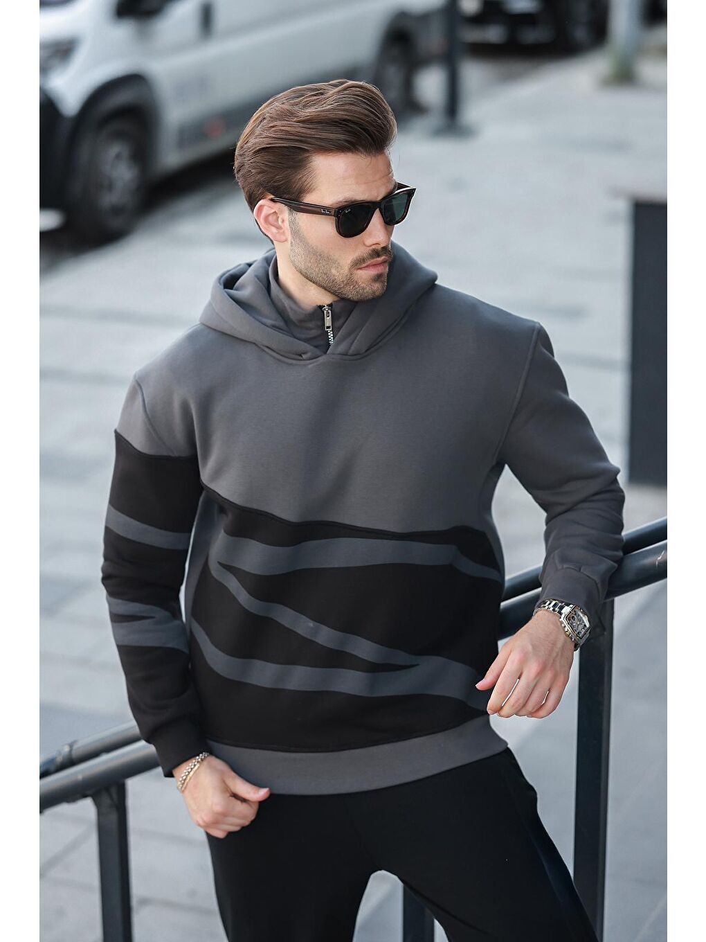 Gri Füme Kapüşonlu Fermuar Yaka Desenli Erkek Sweatshirt E7162-3