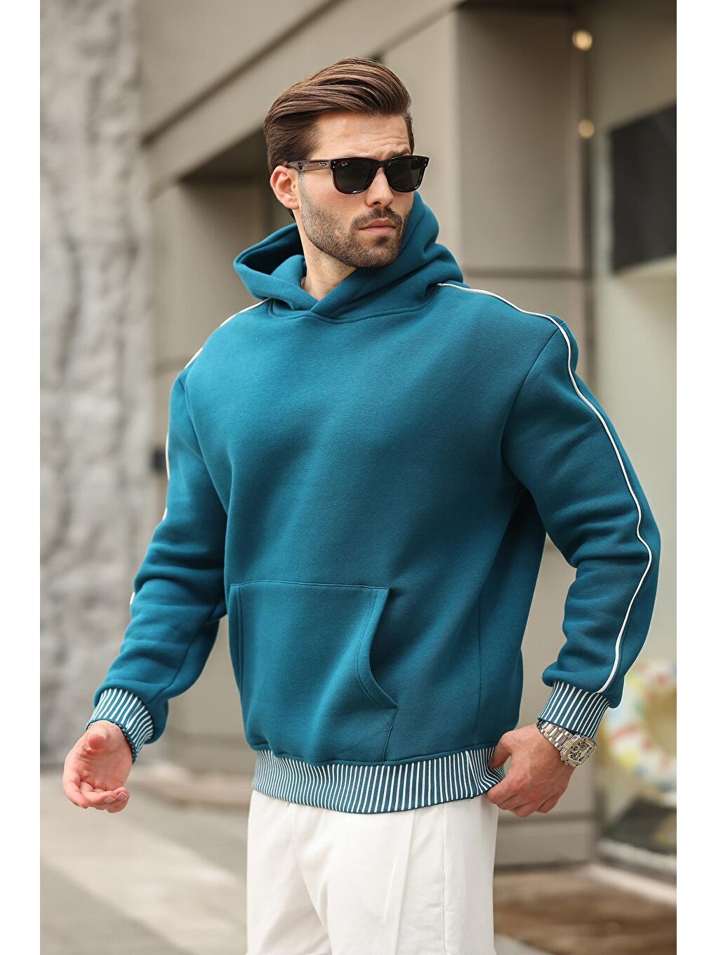 Petrol Mavisi Kapüşonlu Kanguru Cep Erkek Sweatshirt E-2