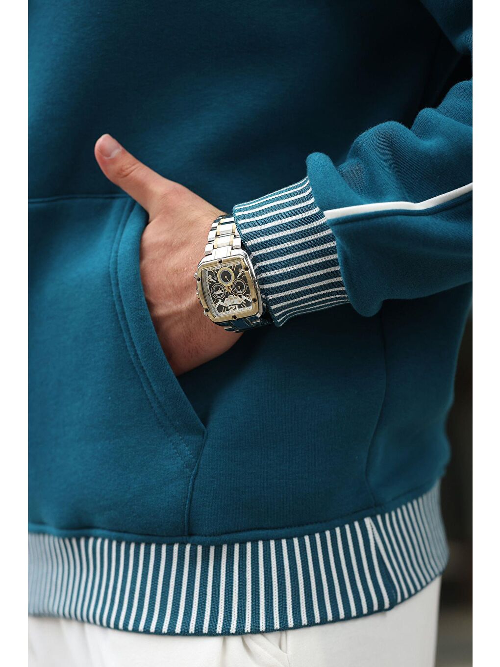 Petrol Mavisi Kapüşonlu Kanguru Cep Erkek Sweatshirt E-3