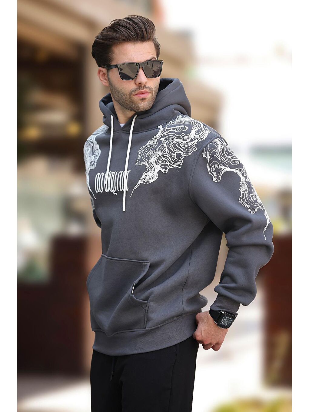 Gri Füme Kapüşonlu Cep Detaylı Baskılı Erkek Sweatshirt 7052-1