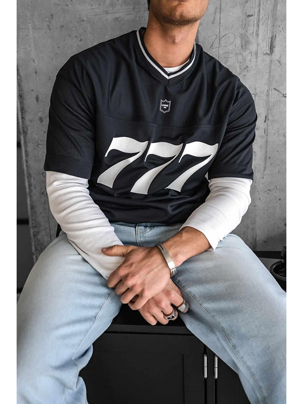 Gri Erkek 777 Baskılı Oversize Forma Kumaş Tişört Füme-1