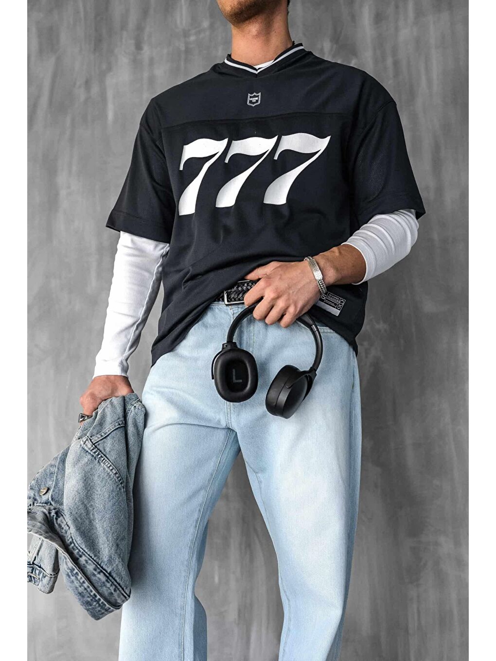 Gri Erkek 777 Baskılı Oversize Forma Kumaş Tişört Füme-3