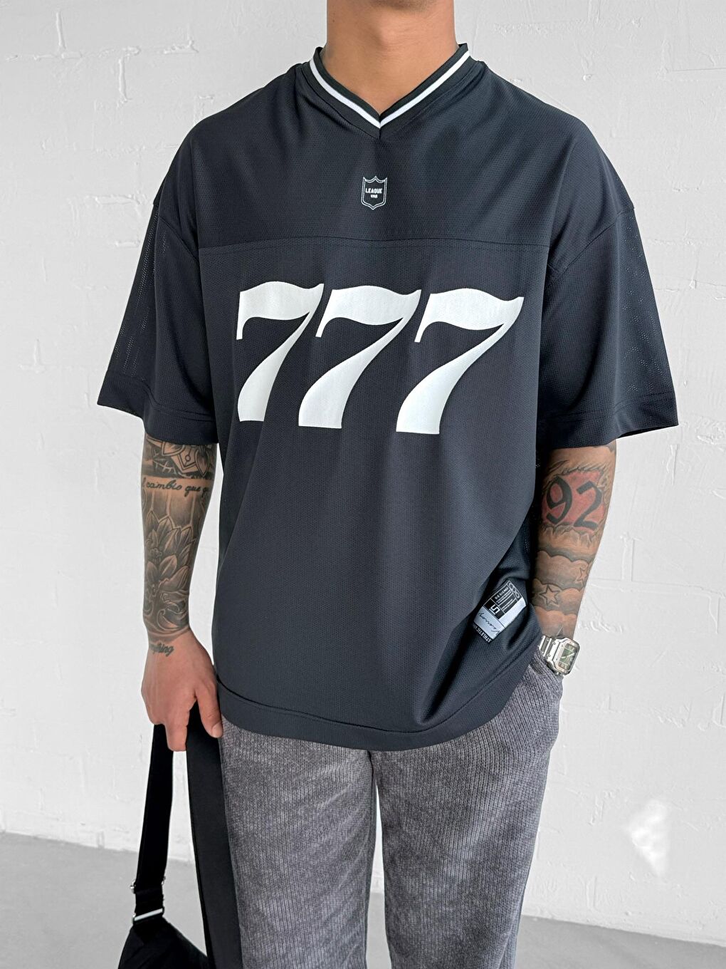 Gri Erkek 777 Baskılı Oversize Forma Kumaş Tişört Füme-5