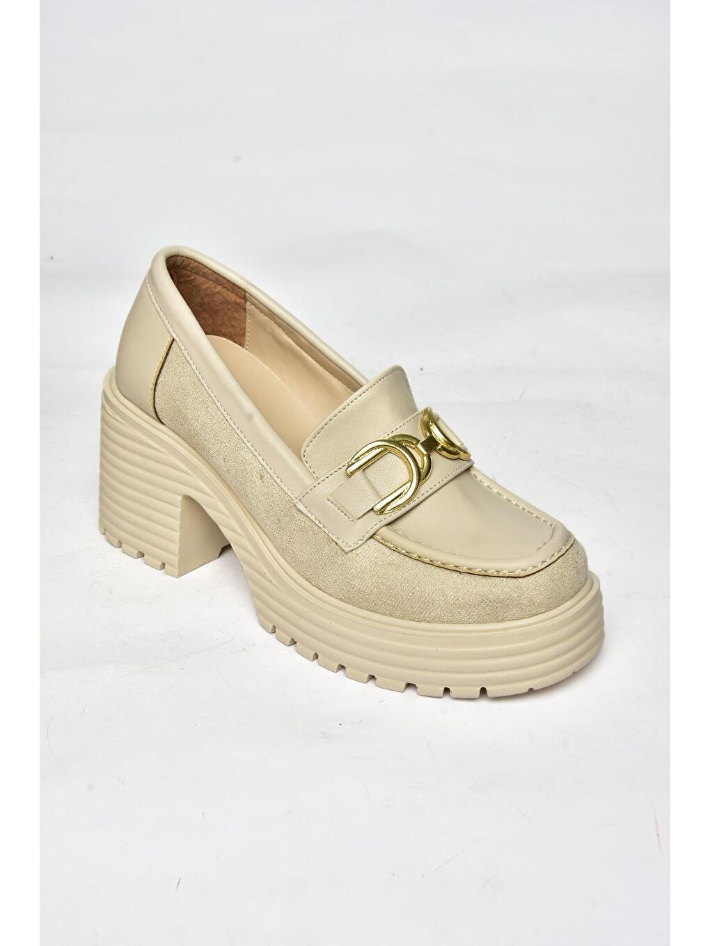 R9960500 Bej Kadın Topuklu Loafer Ayakkabı-1