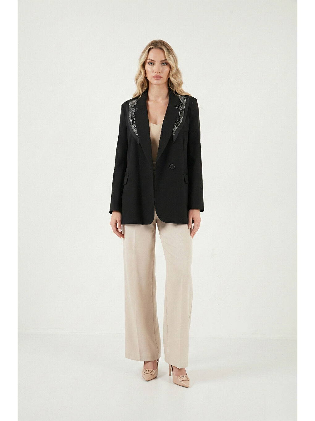 Siyah Slim Fit Şal Detaylı Kruvaze Yaka Kadın Ceket 6927665-4