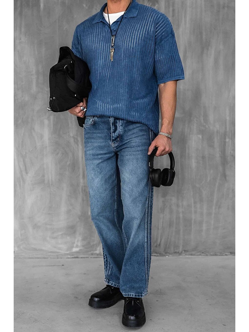 Erkek Polo Yaka Regular Fit Triko Tişört Koyu Mavi-1