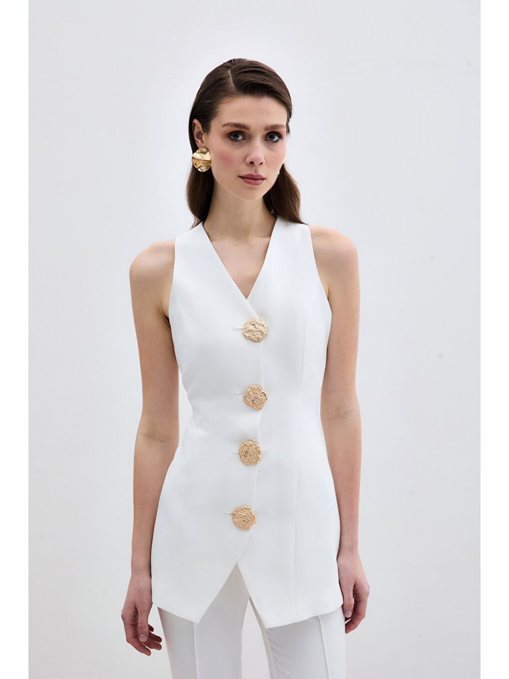 Gold Düğmeli Yelek - Ekru-2