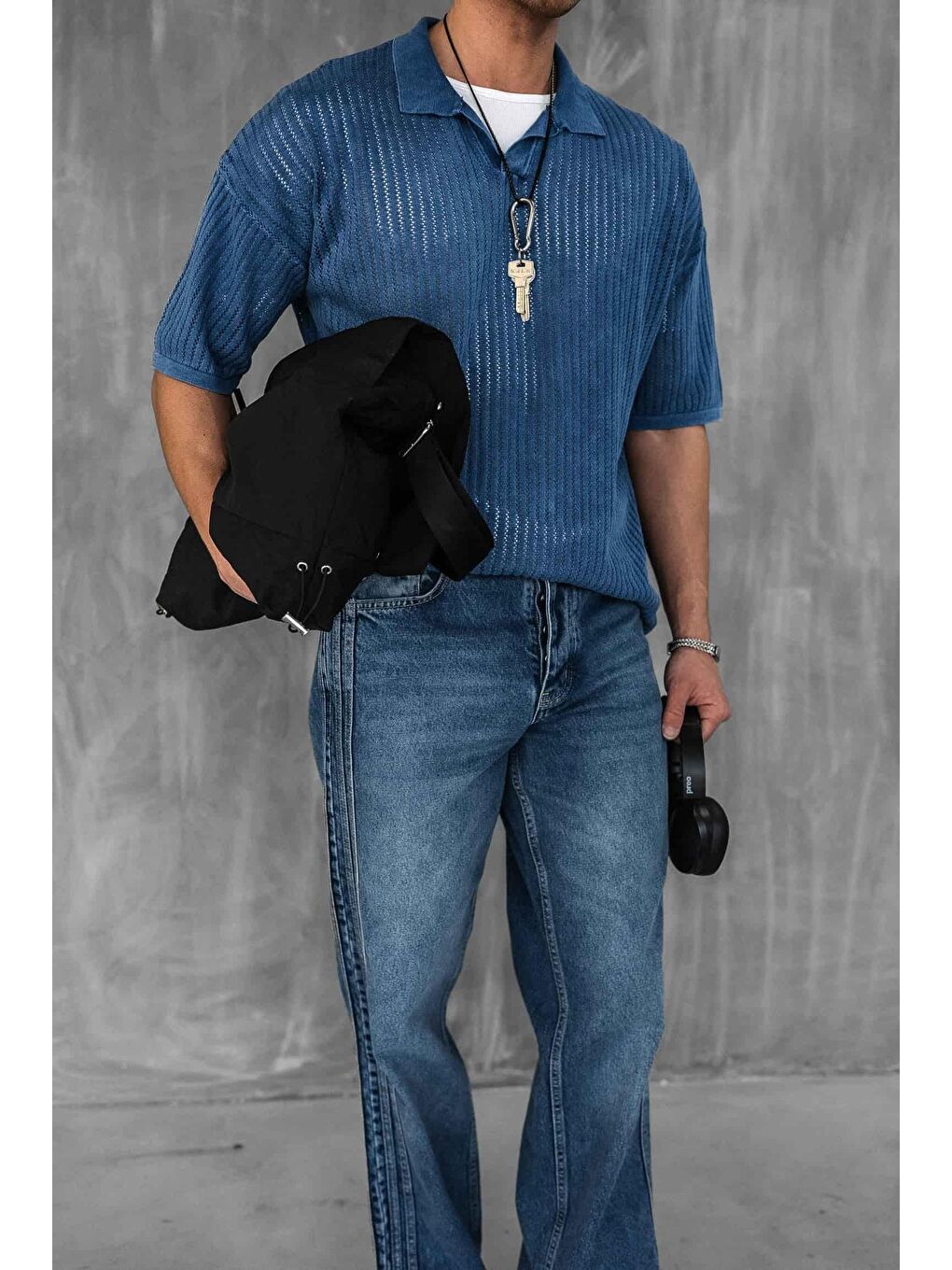 Erkek Polo Yaka Regular Fit Triko Tişört Koyu Mavi-3