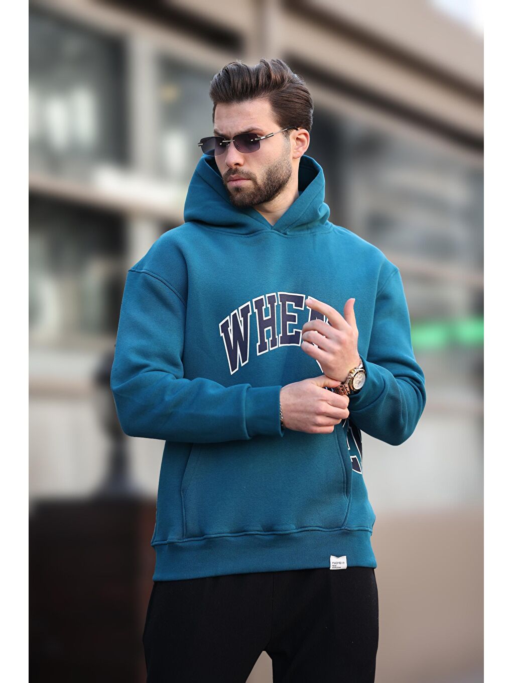 Petrol Mavisi Kapüşonlu Baskılı Cep Detaylı Erkek Sweatshirt E7065-1