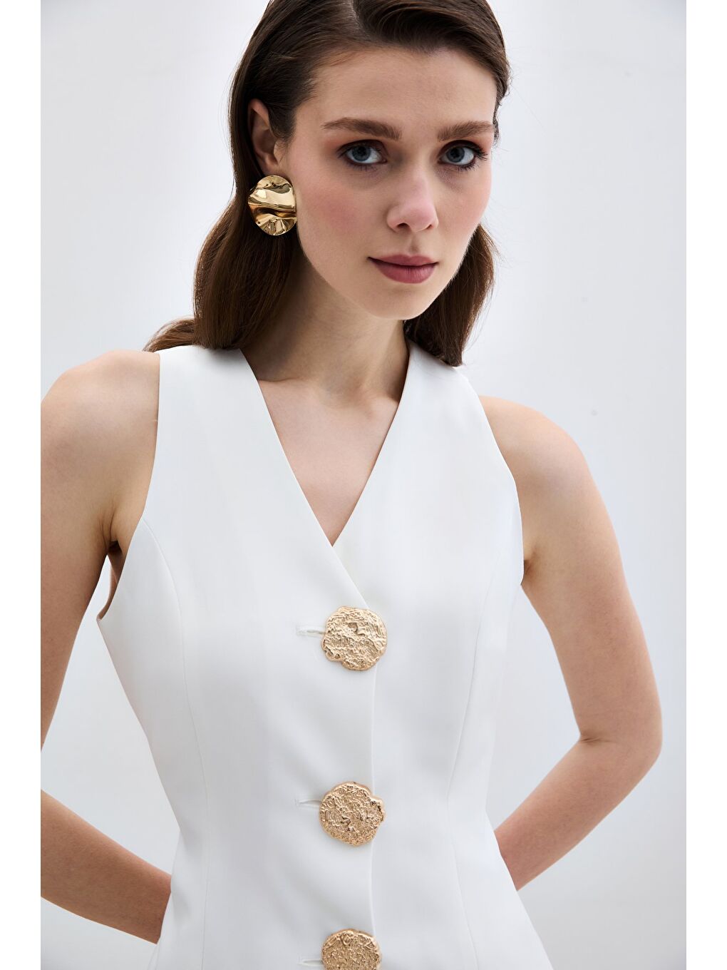 Gold Düğmeli Yelek - Ekru-4