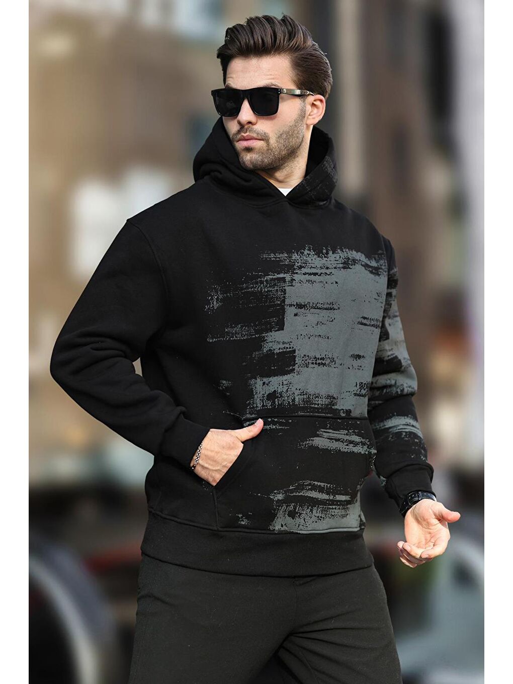 Siyah Kapüşonlu Desenli Cep Detaylı Erkek Sweatshirt 7059-2
