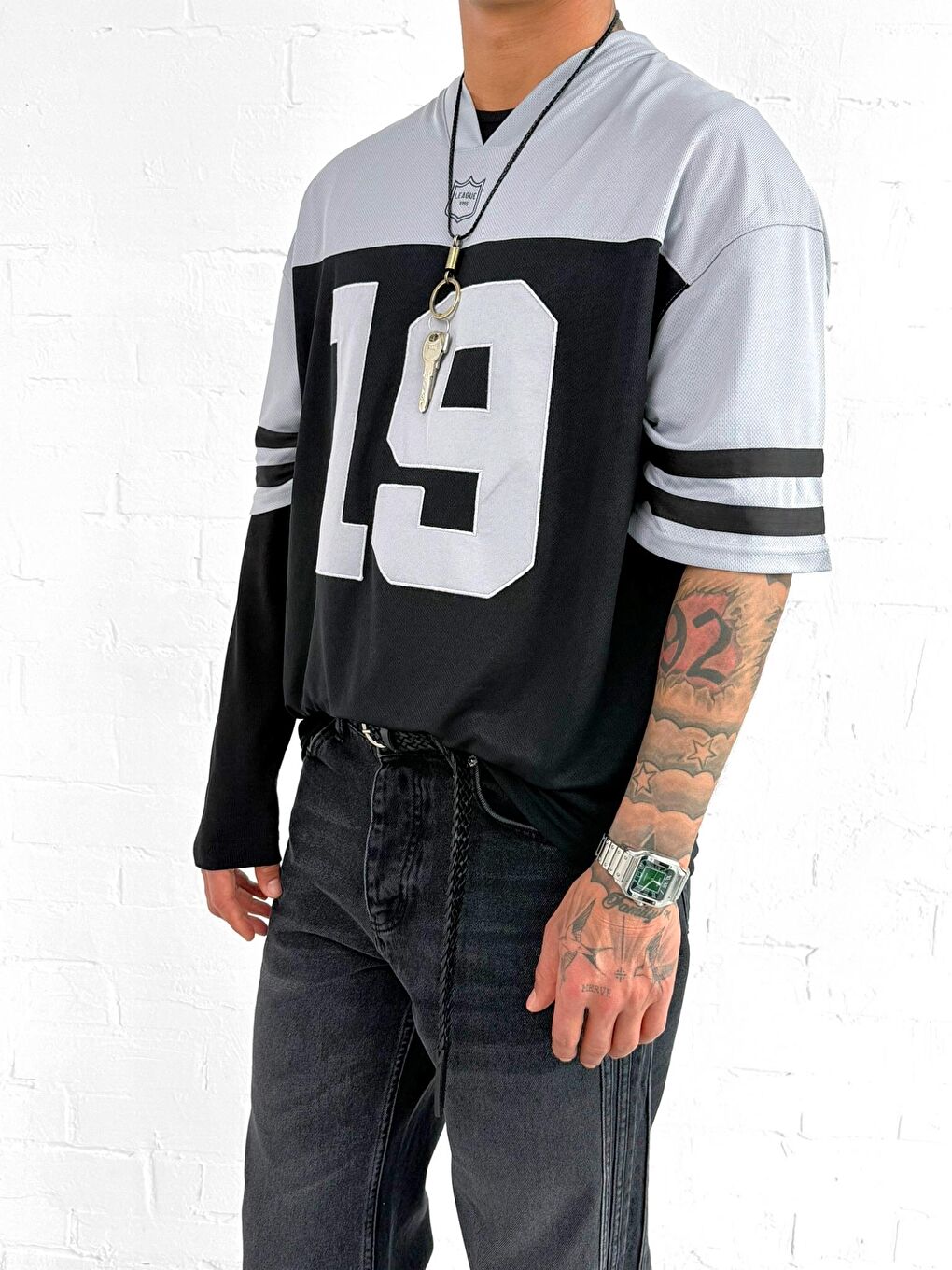 Erkek Sayı Nakışlı Oversize Forma Kumaş Tişört Siyah