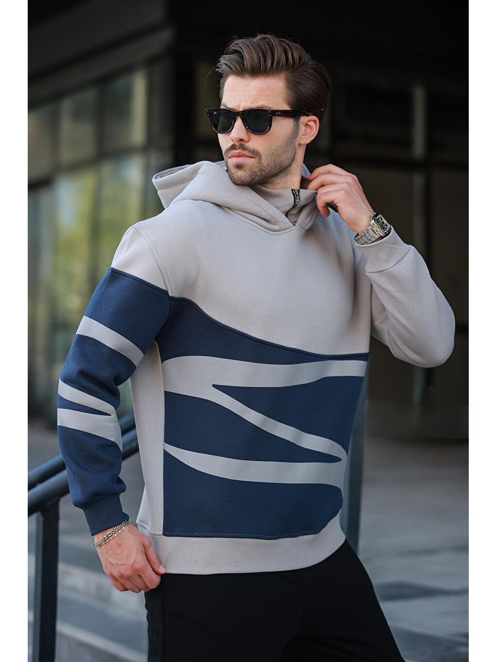 Boyalı Gri Kapüşonlu Fermuar Yaka Desenli Erkek Sweatshirt E7162-2