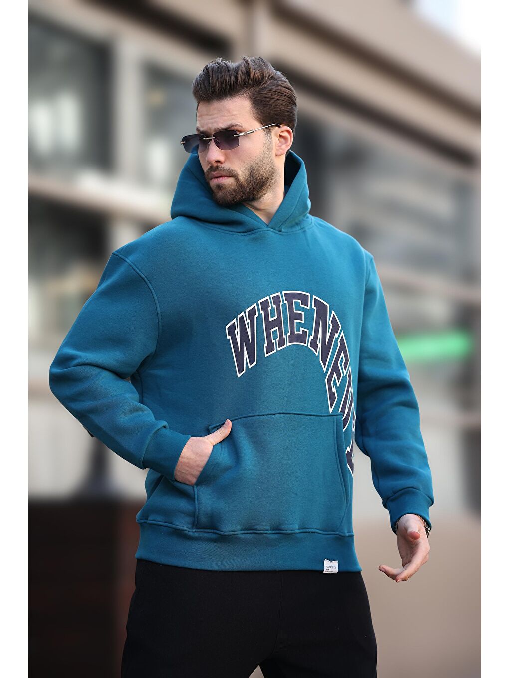 Petrol Mavisi Kapüşonlu Baskılı Cep Detaylı Erkek Sweatshirt E7065-2