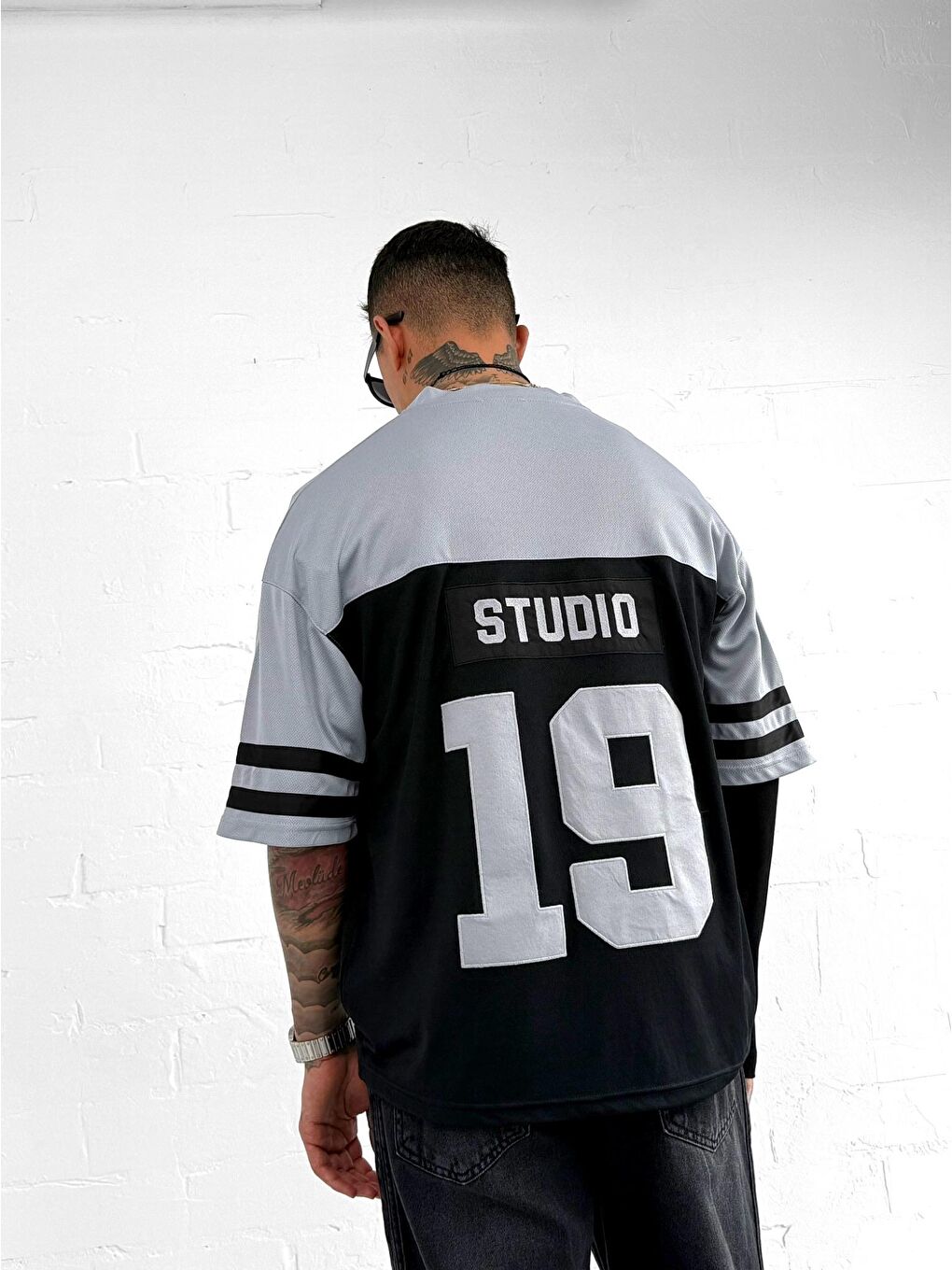 Erkek Sayı Nakışlı Oversize Forma Kumaş Tişört Siyah-1