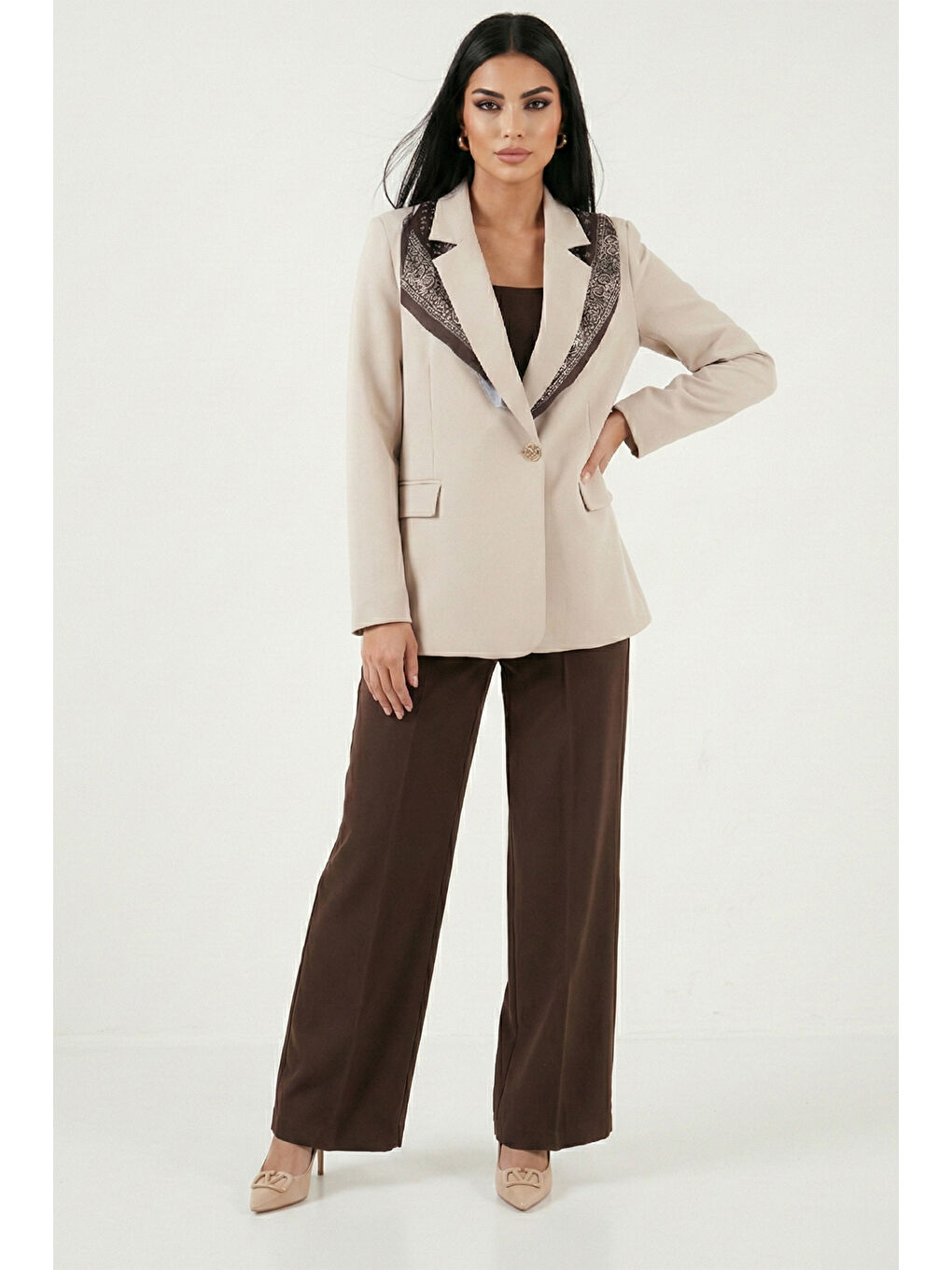 Bej Slim Fit Şal Detaylı Kruvaze Yaka Kadın Ceket 6927665-1