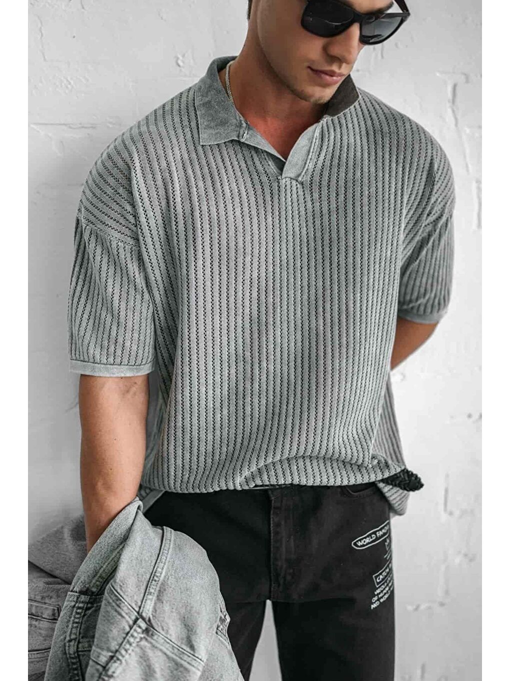 Erkek Polo Yaka Regular Fit Triko Tişört Gri